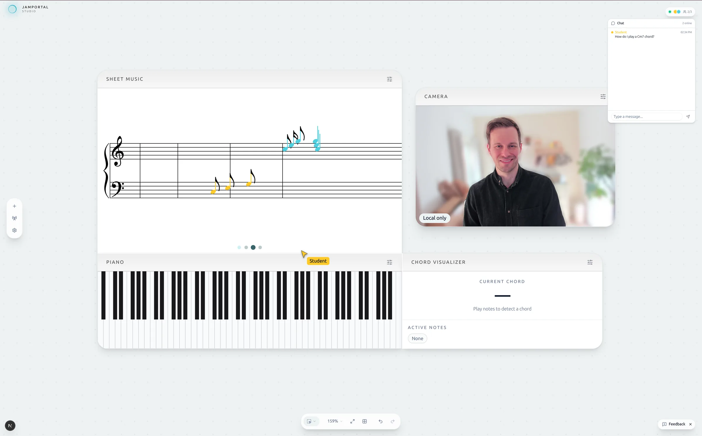 Jamportal Studio-interface met piano, bladmuziek en note stream-widgets